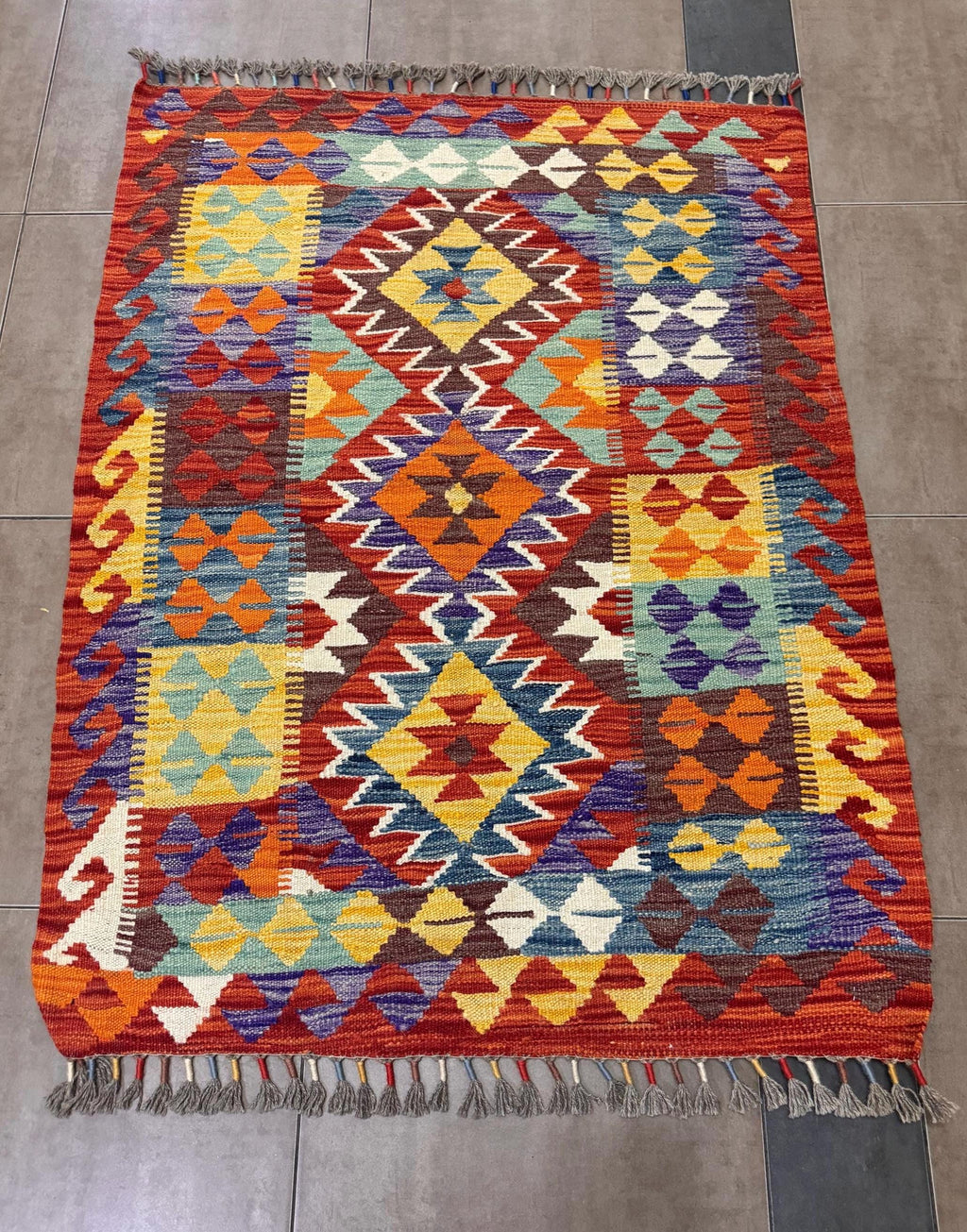 Handwoven Wool Kilim Rug – 110x83cm, Bohemian Afghan Tribal Decor