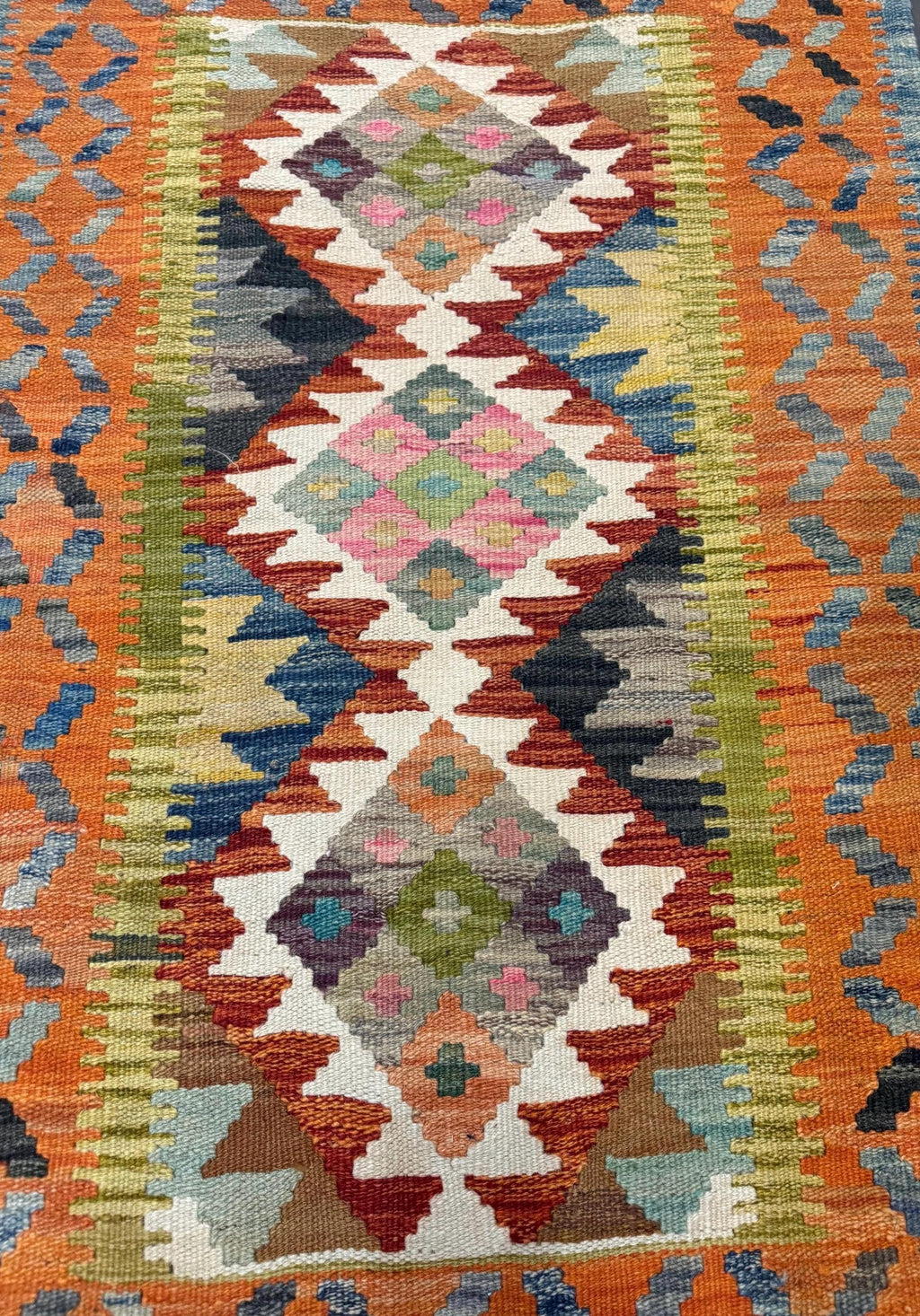 Handwoven Afghan Kilim Rug – Bohemian Wool, Geometric Tribal Decor (113x79 cm)