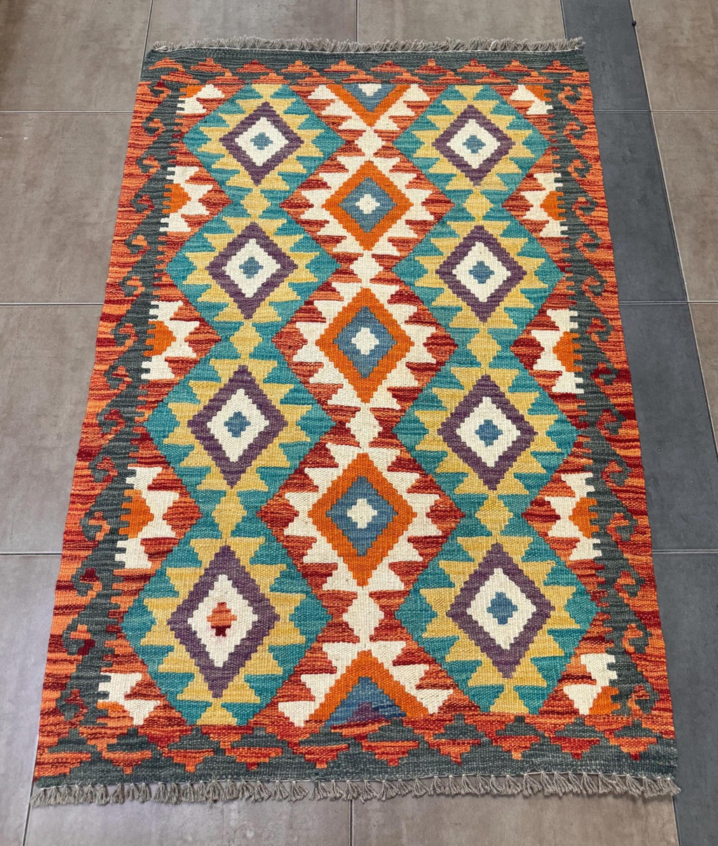 Handwoven Afghan Kilim Rug – Colorful Geometric Wool, Boho Décor (124 x 82 cm)