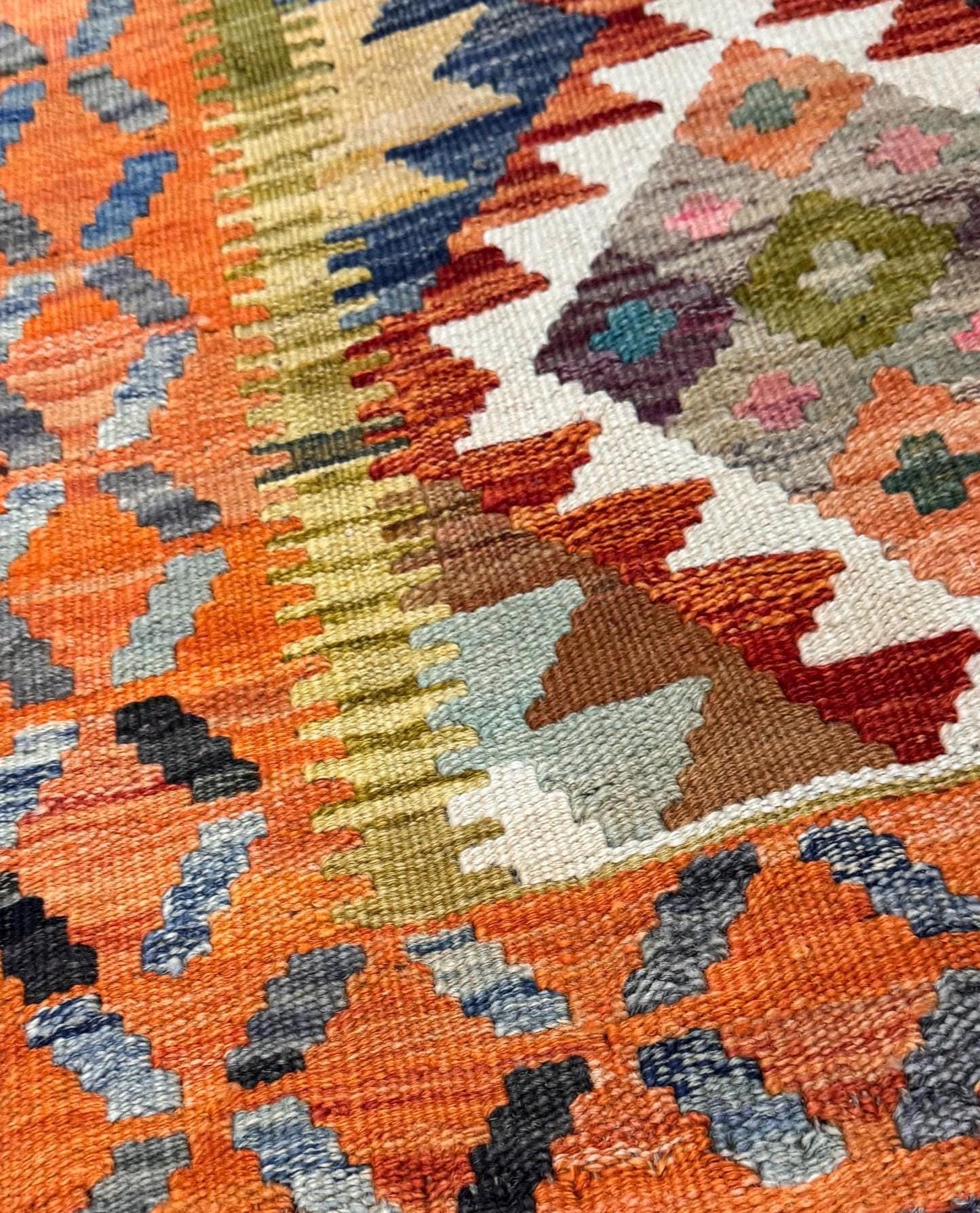 Handwoven Afghan Kilim Rug – Bohemian Wool, Geometric Tribal Decor (113x79 cm)