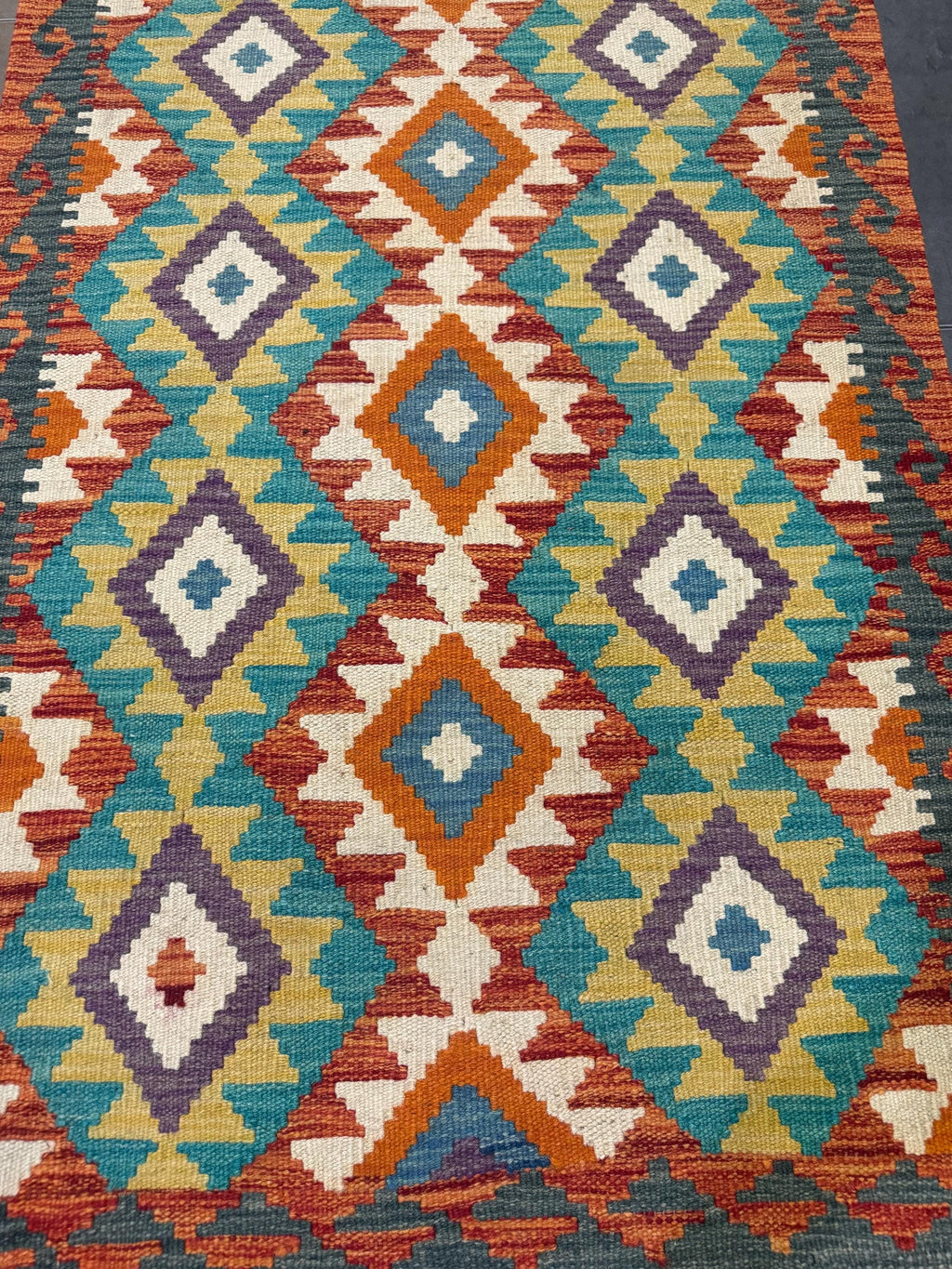 Handwoven Afghan Kilim Rug – Colorful Geometric Wool, Boho Décor (124 x 82 cm)