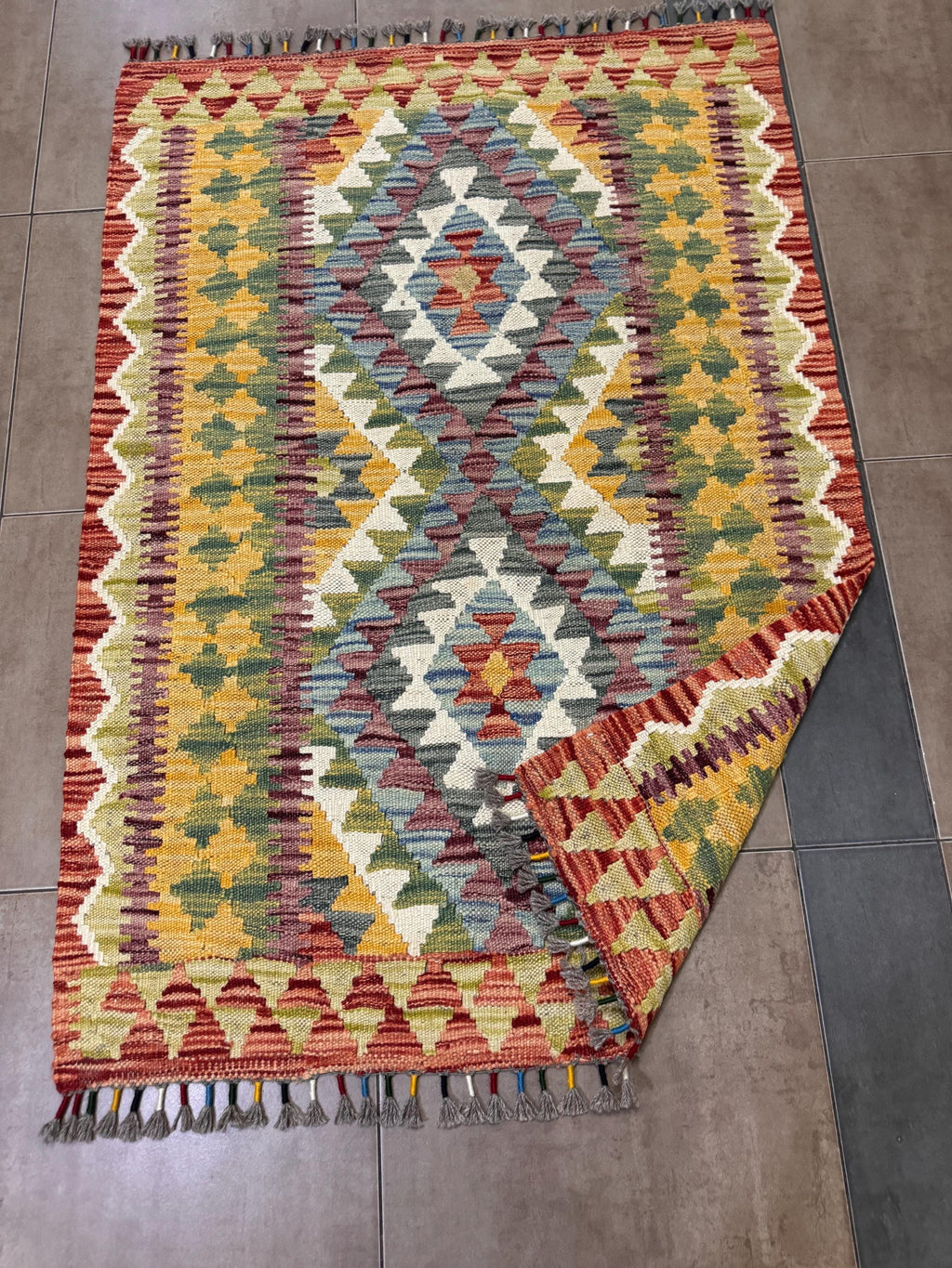 Handwoven Wool Kilim Rug – Colorful Geometric Afghan Décor, 121x84cm