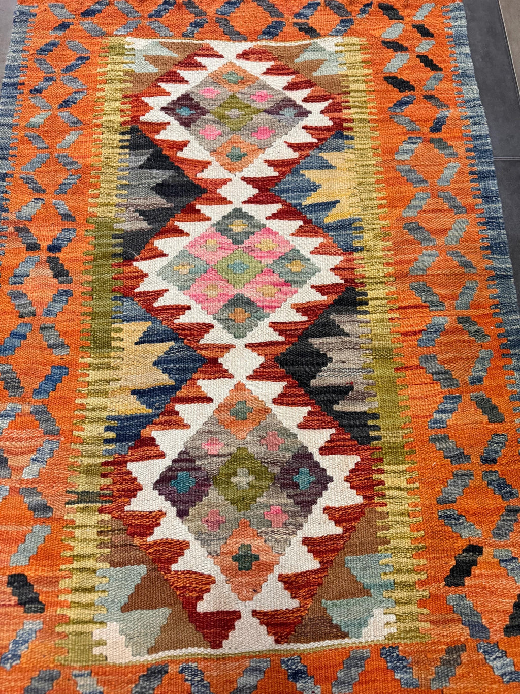 Handwoven Afghan Kilim Rug – Bohemian Wool, Geometric Tribal Decor (113x79 cm)