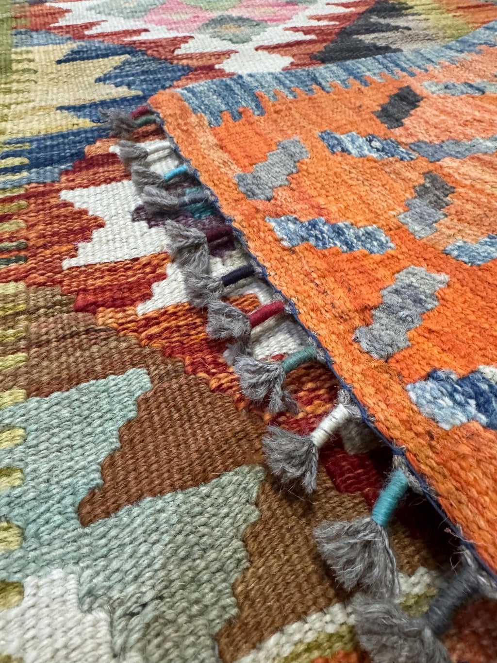 Handwoven Afghan Kilim Rug – Bohemian Wool, Geometric Tribal Decor (113x79 cm)