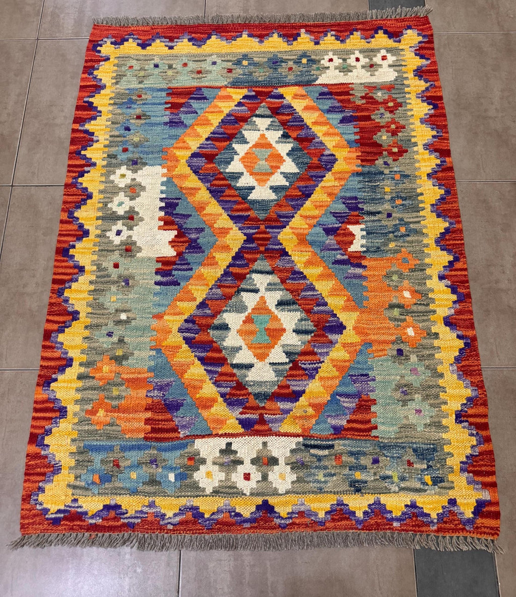 Handwoven Wool Kilim Rug – Colorful Geometric Afghan Design (113 x 85 cm)